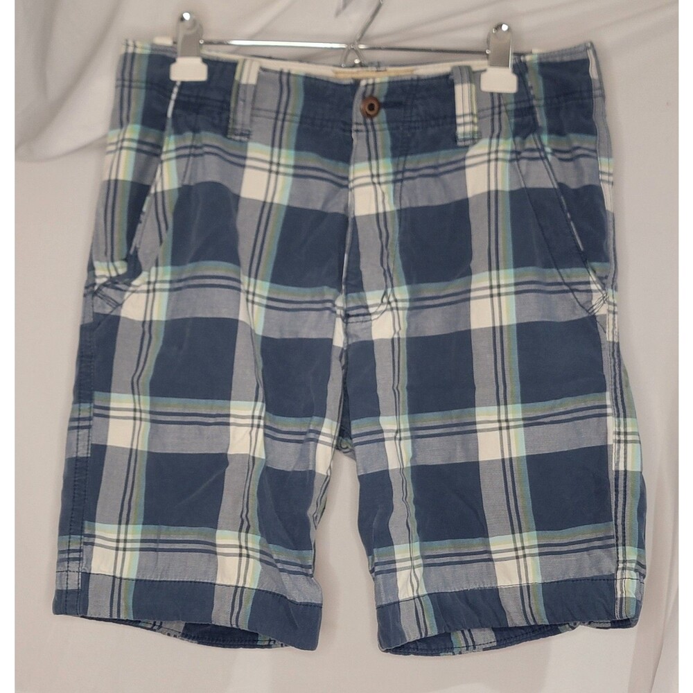 Hollister Plaid Shorts Mens 32 Blue Green Flat Front Casual Summer Cotton